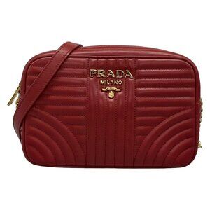 Auth PRADA Diagram Red Soft Calf Leather Shoulder Bag